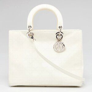 Christian Dior Dark White Cannage Quilted Patent Leather Large Lady Dior Bag